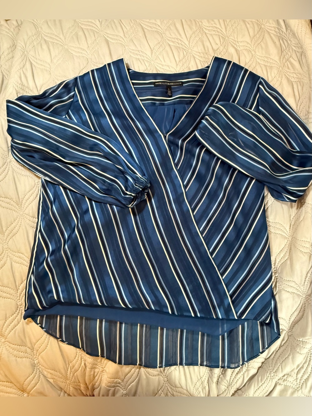 White House Black Market Blue Striped Faux Wrap Blouse Size L